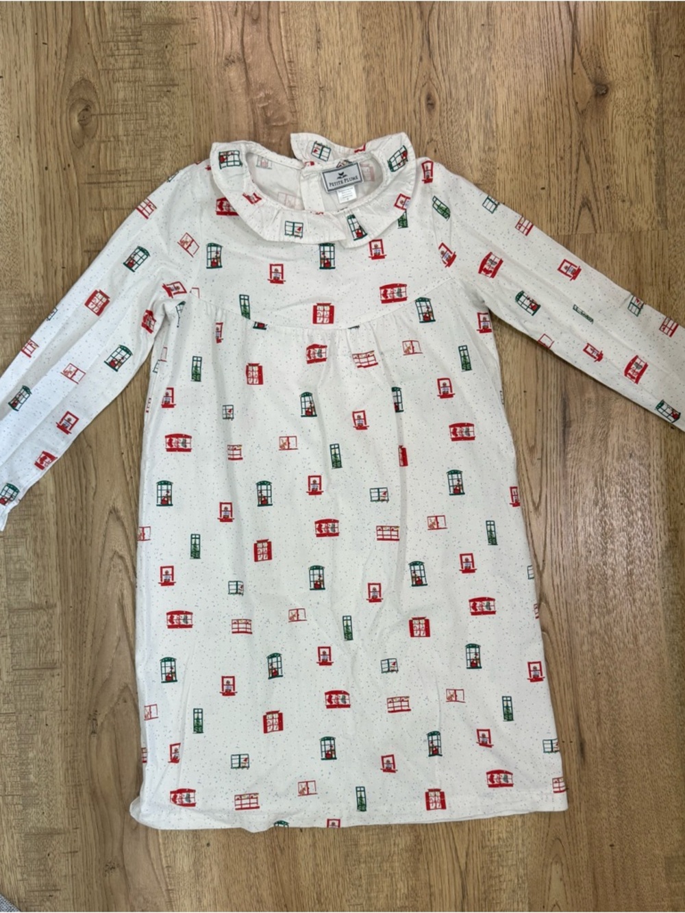 Petit Bateau White Long-Sleeve Nightgown with Red & Green Window Motifs